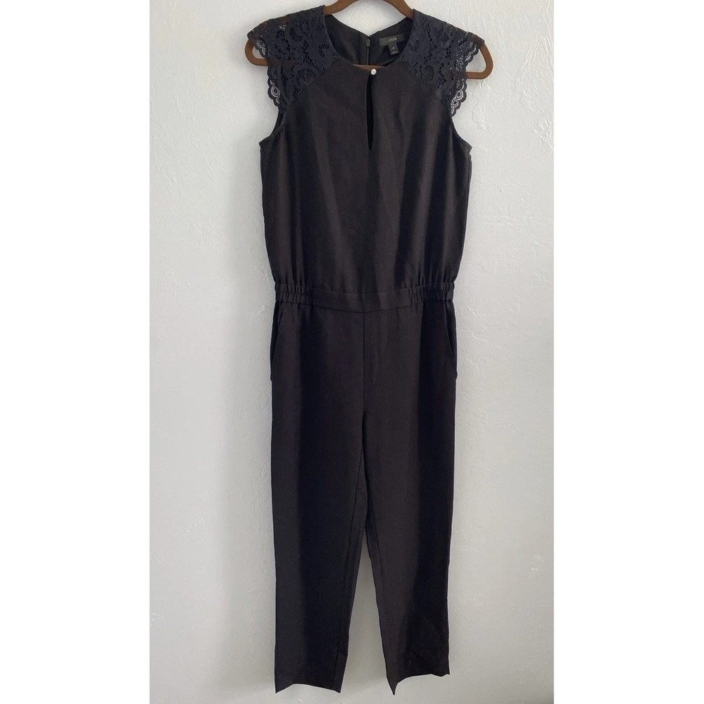 J.Crew Jumpsuit Womens 14T Black Lace Shoulder Keyhole‎ Sleeveless Tall Tapered